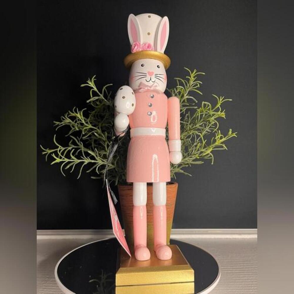 Wooden 13.5” Pink Easter Bunny Rabbit Nutcracker With Egg NWT